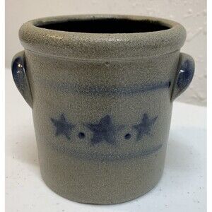 1998 Rowe Pottery Americana Stars & Stripes Salt Glaze Stoneware Crock Mini 4”
